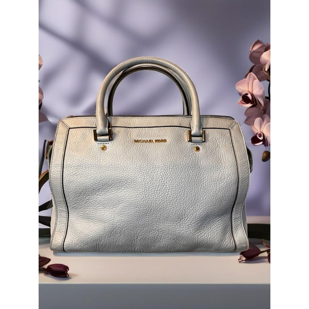 Michael Kors Gray Leather Satchel Handbag Purse Gold Hardware Classic Everyday